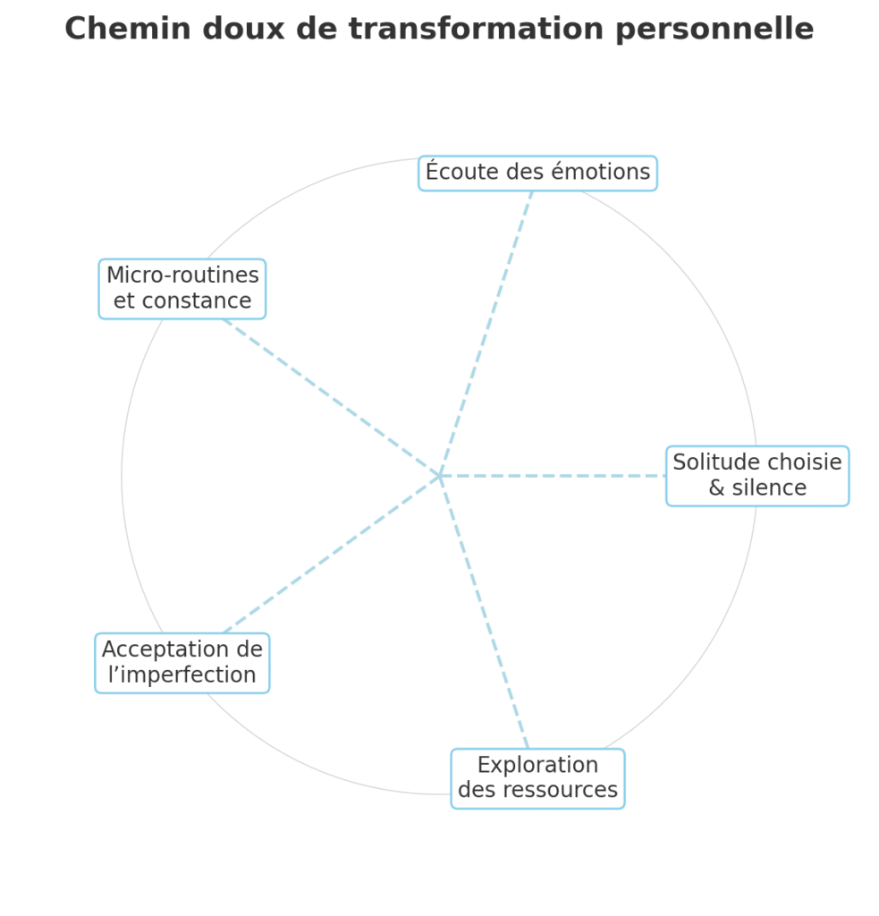 chemin-transformation-perso Graphique illustrant les 5 étapes douces du développement personnel : solitude choisie, écoute des émotions, micro-routines, acceptation de l’imperfection et exploration de ressources bienveillantes.