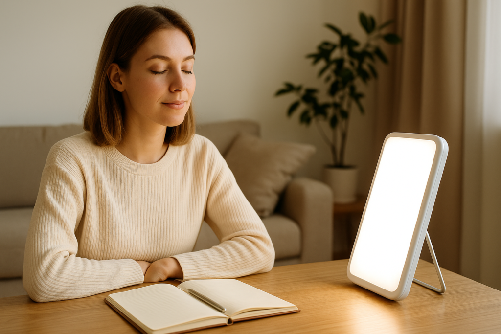 Femme apaisée en séance de luminothérapie chez elle, exposée à une lampe de lumière naturelle pour améliorer son bien-être et son énergie.