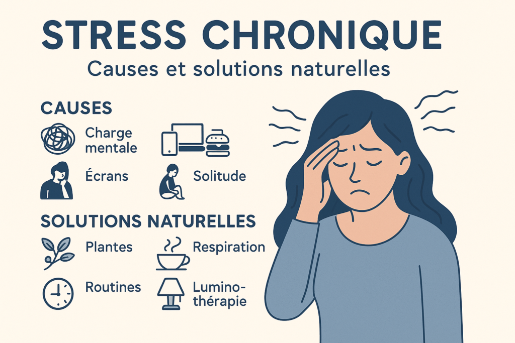 Infographie illustrant les causes du stress chronique (charge mentale, écrans, solitude) et des solutions naturelles comme la respiration, les plantes et la luminothérapie.