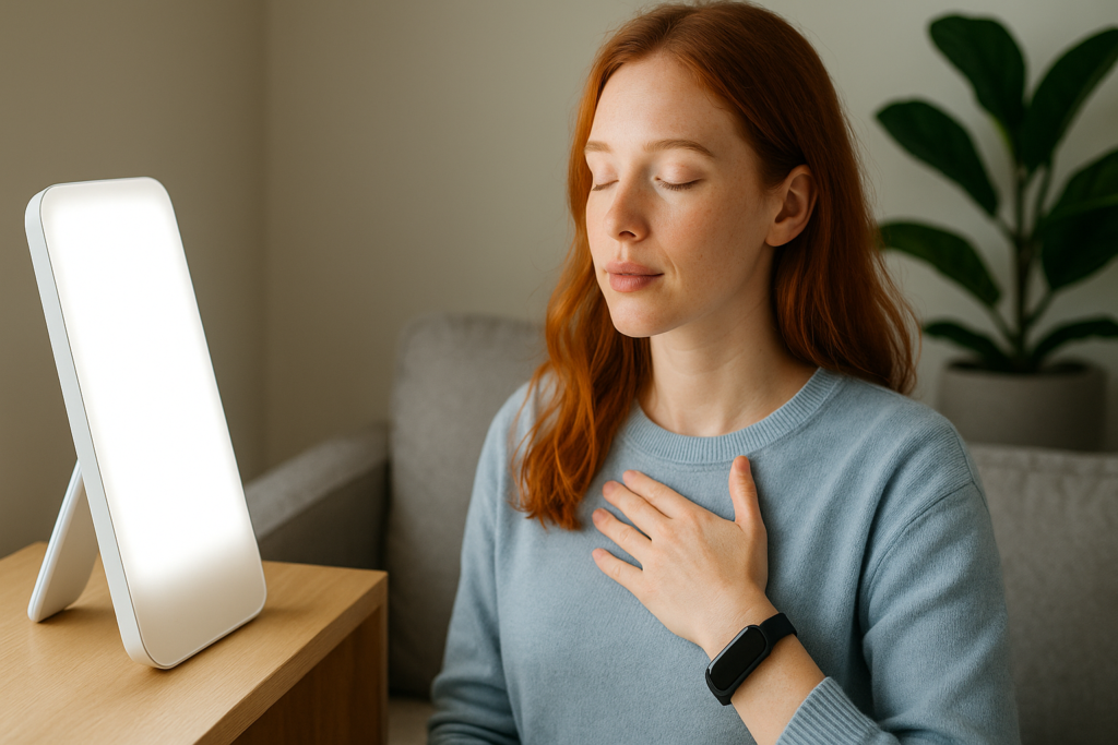 Femme rousse en pleine séance de luminothérapie, yeux fermés, main sur le cœur, assise sur un canapé, portant un bracelet connecté dans un intérieur apaisant avec lumière naturelle.